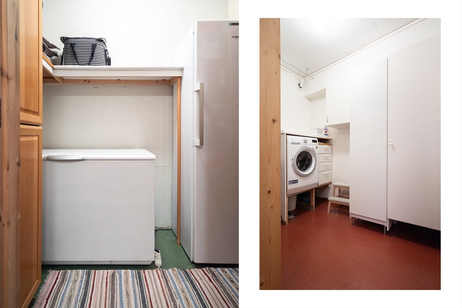 Vaskerommet er innredet med høyskap, høy arbeidsbenk og utslagsvask i rustfritt stål. Det er også rikelig med oppbevaringsmuligheter i innvendige boder, i tillegg til et lite innbygd fryseskap. Galleribilde