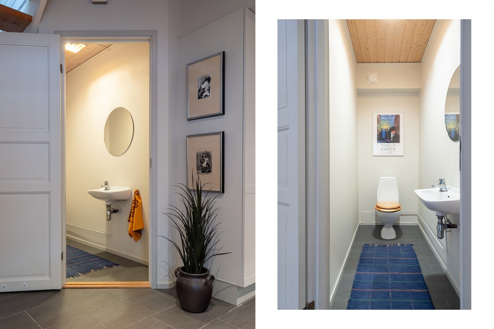 Gjestetoalettet har en enkel servant med tilhørende speil. Galleribilde