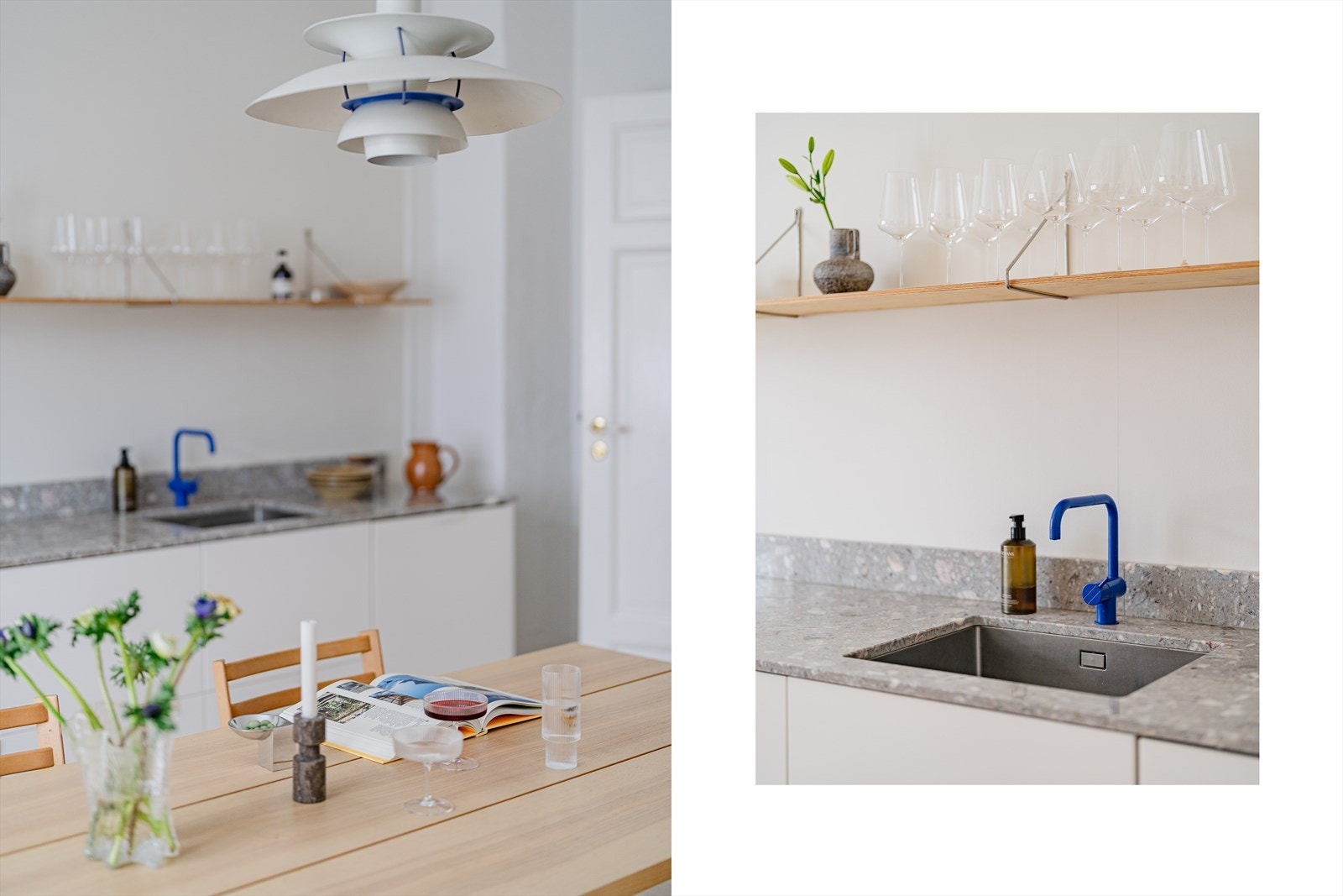 Kjøkkenet ble malt i 2025 og er innredet med benkeplate i kompositt med underlimt kum i rustfritt stål Galleribilde