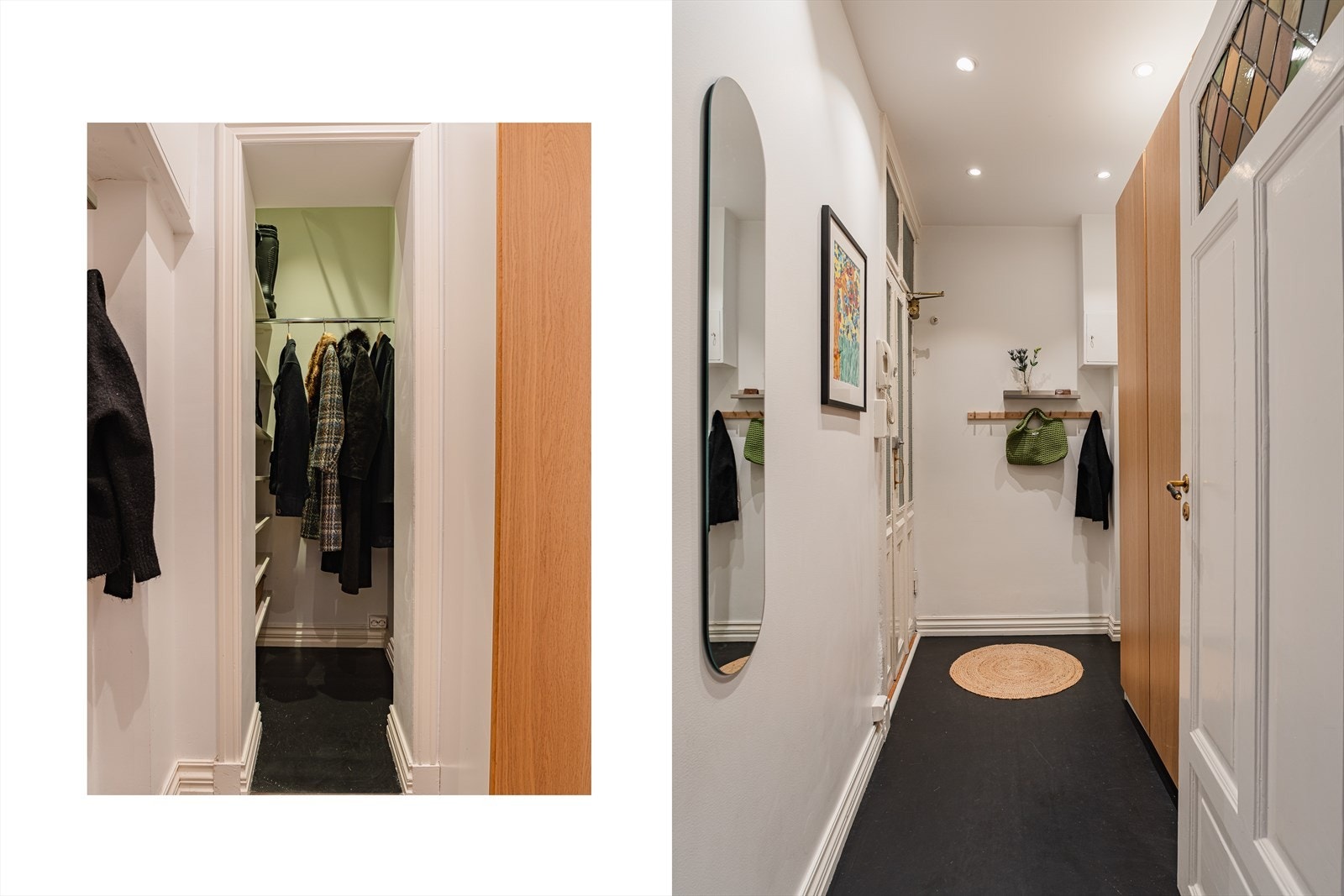Leiligheten har en lys og innbydende entré med plassbygget garderobeinnredning i nisje med oppheng og hyller - Det ble montert nye downlights i entréen i 2025 Galleribilde