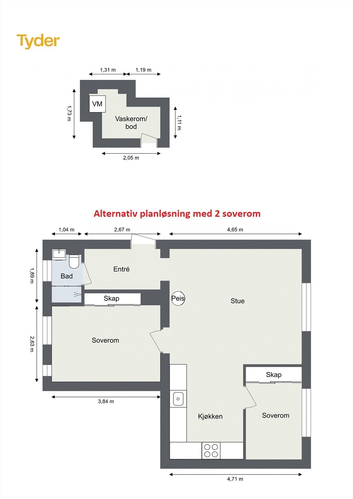 Alternativ planløsning. Tilsvarende løsning er gjennomført i oppgangen. Galleribilde
