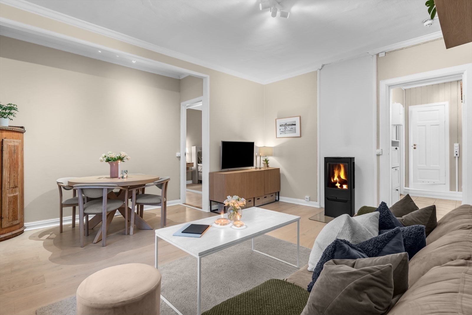 Moderne peisovn med glassdør i stuen. Galleribilde