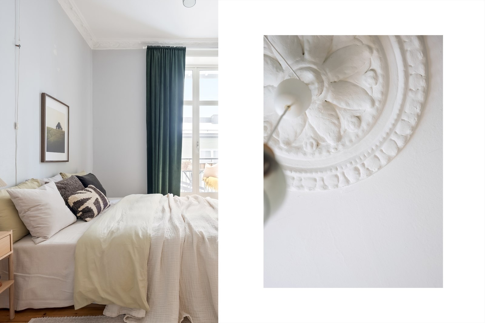 Soverommet viderefører uttrykket fra stuen med stukkatur og rosett i himlingen, samt furugulv som vitner om byggets lange historie. Galleribilde