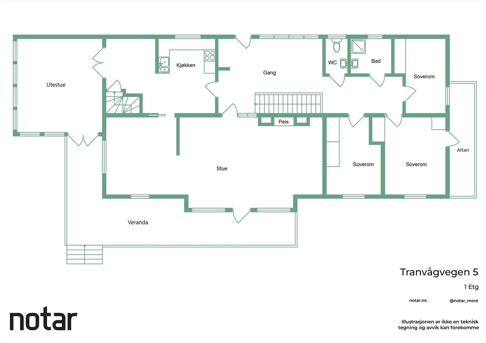 Plantegning hovedetasje. NB! Tegningen viser dagens rominndeling og bruk. Det er foretatt endringer som ikke er omsøkt/godkjent av kommunen. Se salgsoppgavens punkt knyttet til ferdigattest/midlertidig brukstillatelse for mer informasjon. Galleribilde