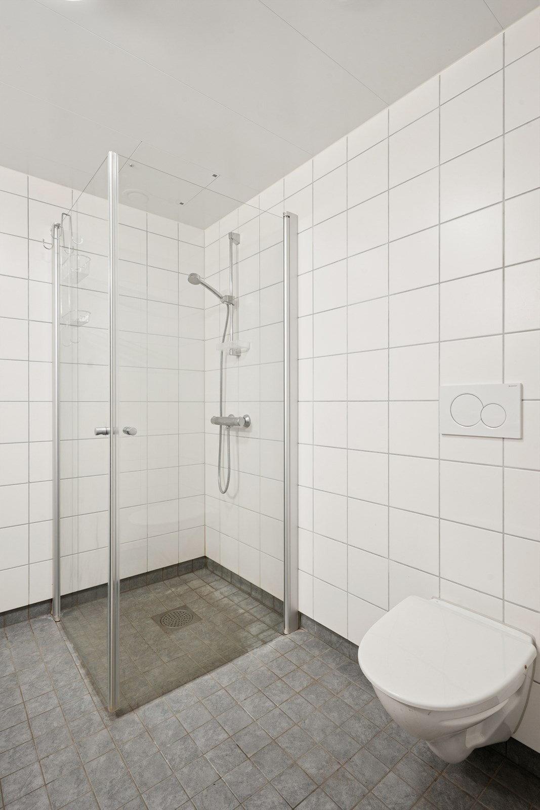 Veggmontert toalett og dusjhjørne med glassvegger. Galleribilde