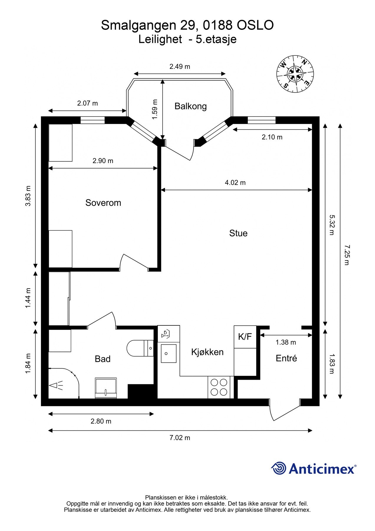 Femte etasje: Entré, baderom, kjøkken/stue og soverom. Galleribilde