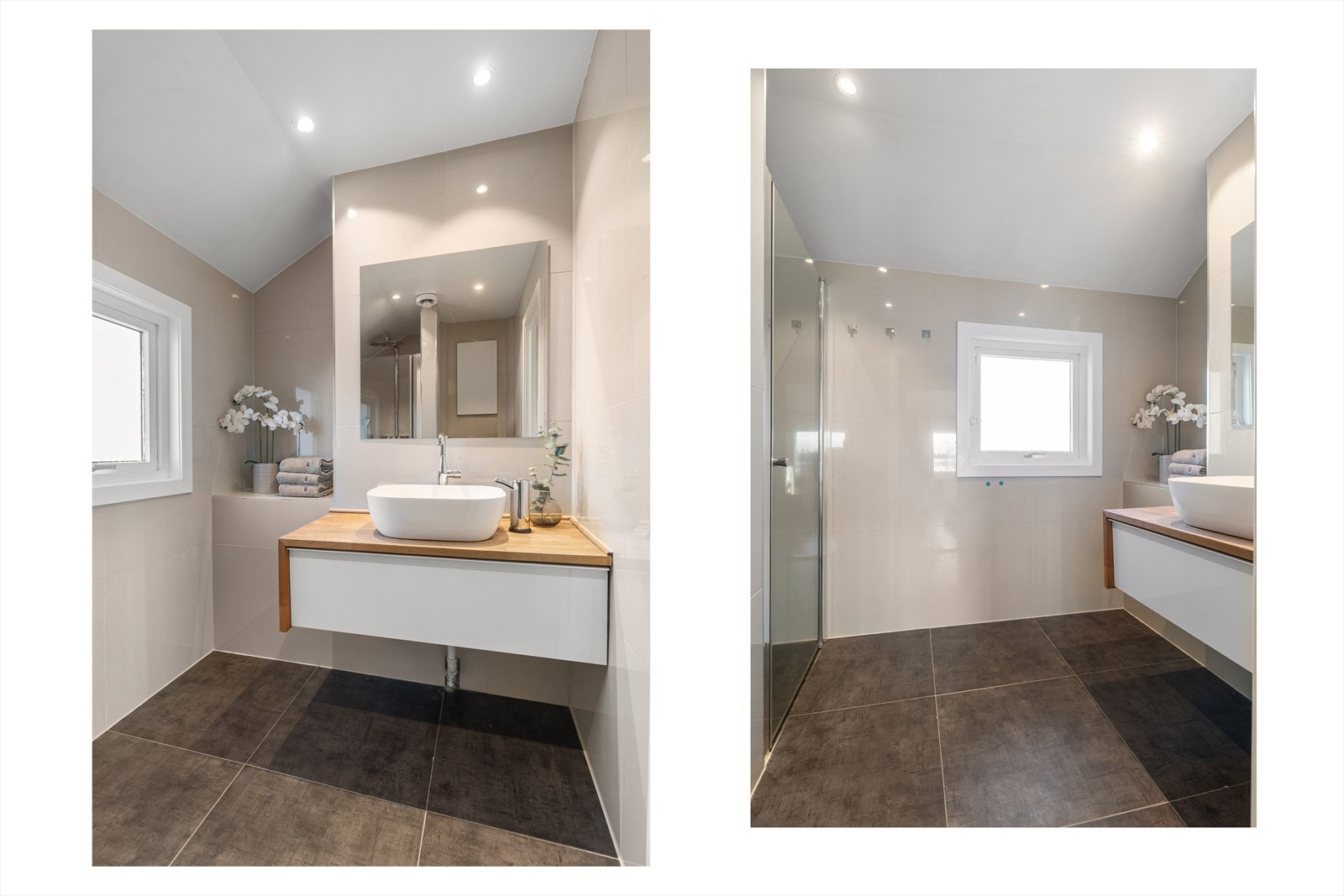 Rommet har overflater med 60x60 fliser, mosaikkfliser på gulvet i dusjsonen, downlights i himling og elektrisk gulvvarme. Galleribilde