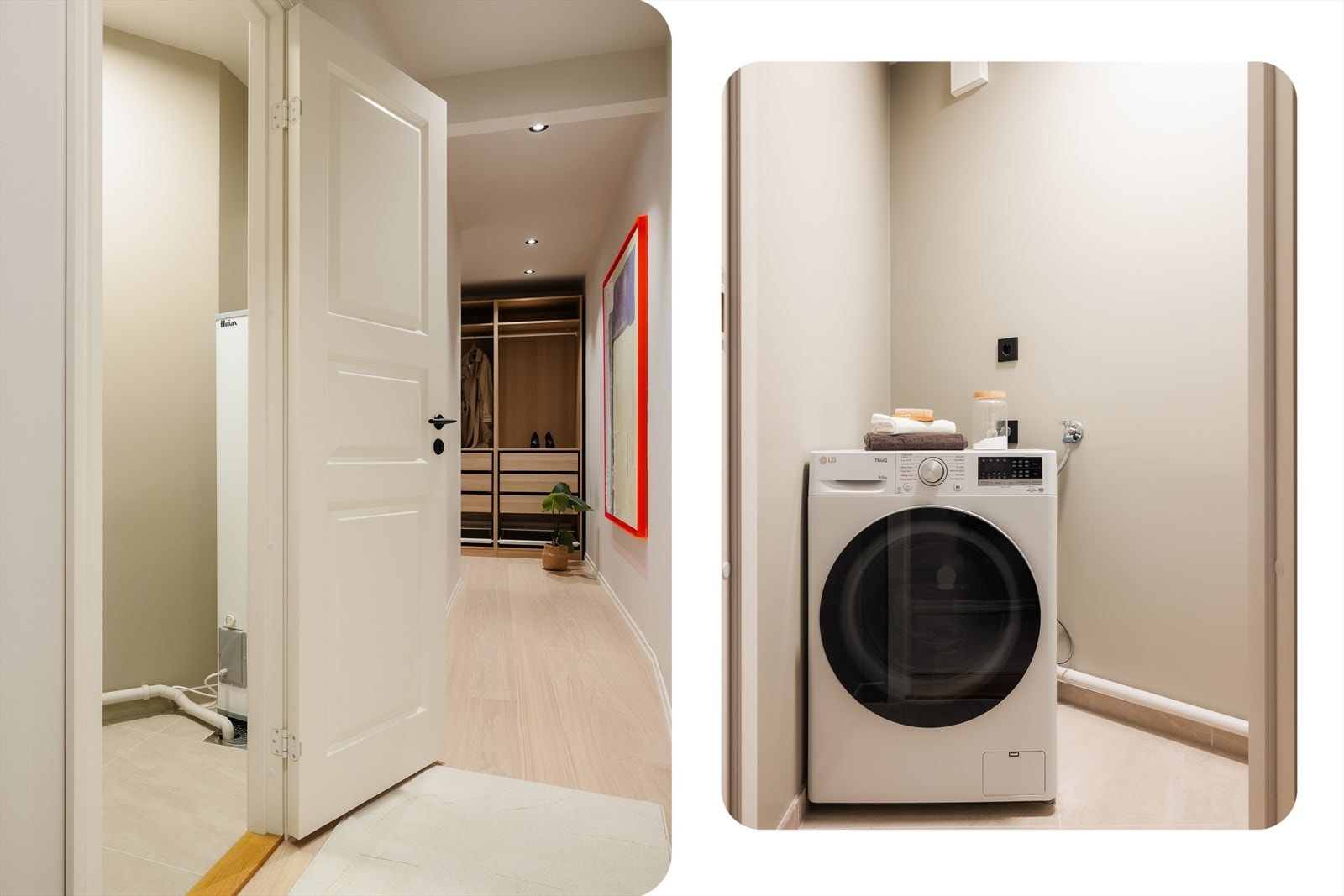 Praktisk separat vaskerom med plass til vaskemaskin, og med varmekabler i gulvet for ekstra komfort. Galleribilde