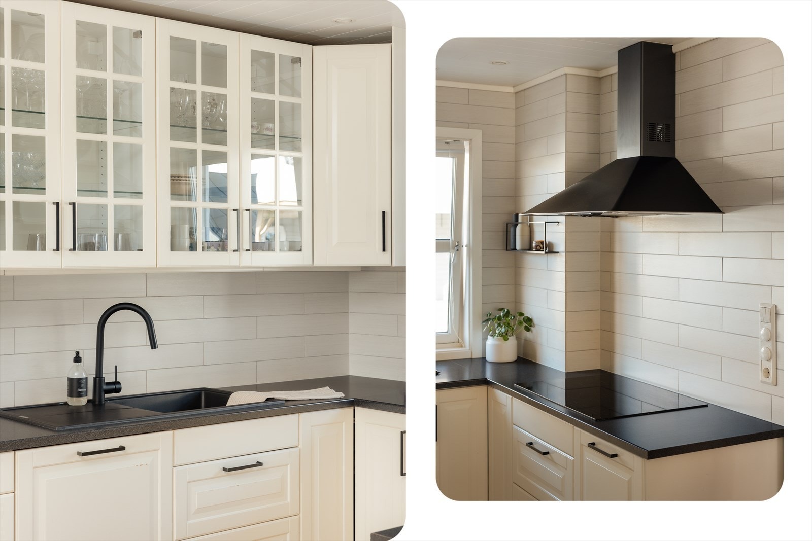 Kjøkkeninnredningen har profilerte fronter, hvor to av overskapene er utformet med elegante glassfronter Galleribilde