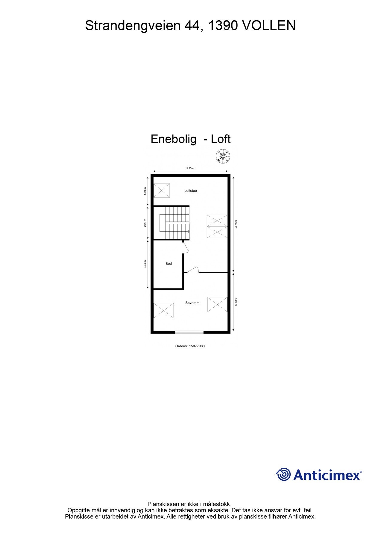Loftetasjen består av loftstue, bodrom og soverom. For ordens skyld bemerkes at disse rommene ikke er søkt om bruksendring fra loft. Galleribilde