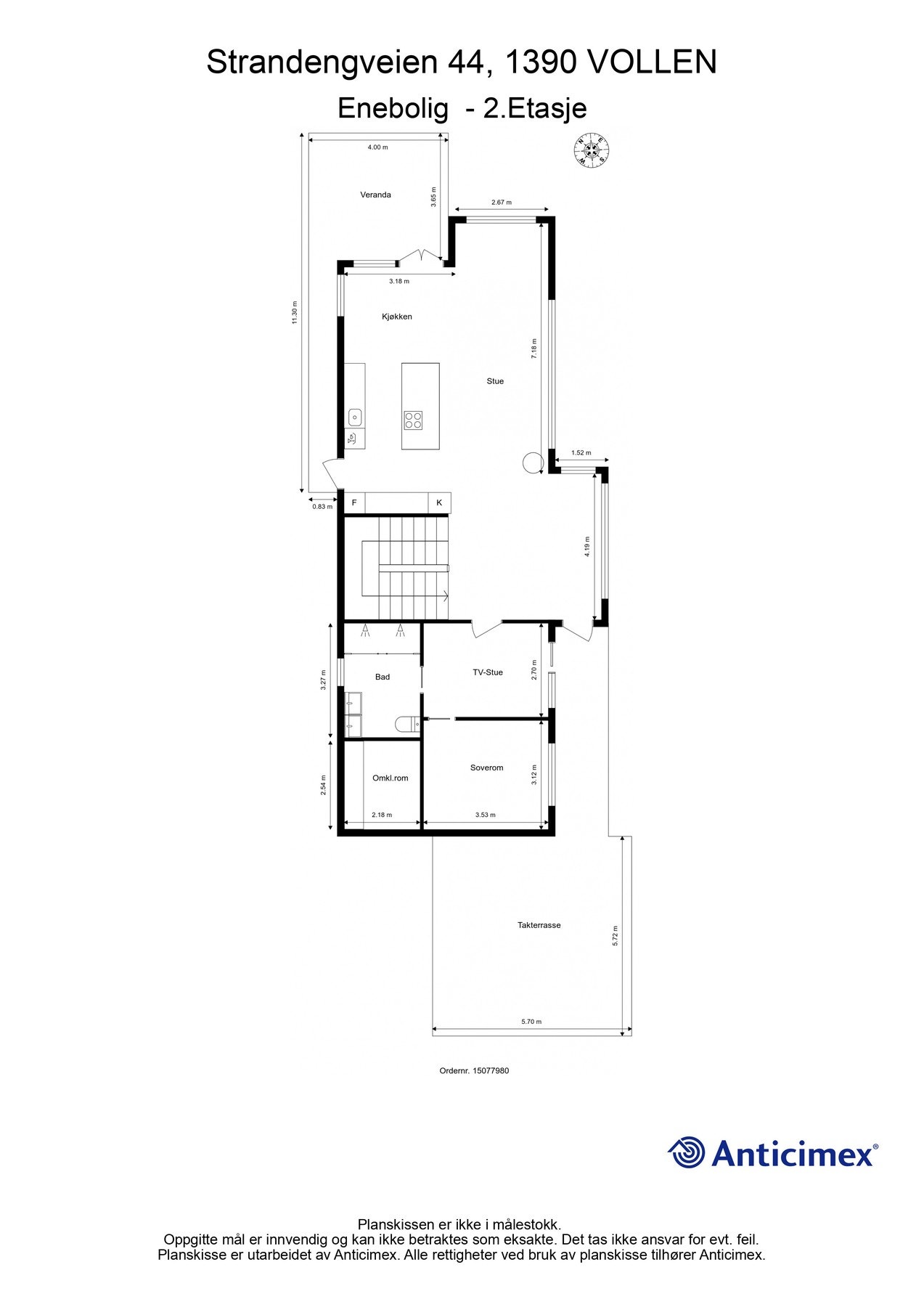 Eneboligens andre etasje inneholder åpen stue- og kjøkkenløsning. Masteravdelling med tv-stue, bad, soverom og omkledningsrom.
Veranda på 21 m² og takterrasse på 41 m². Galleribilde
