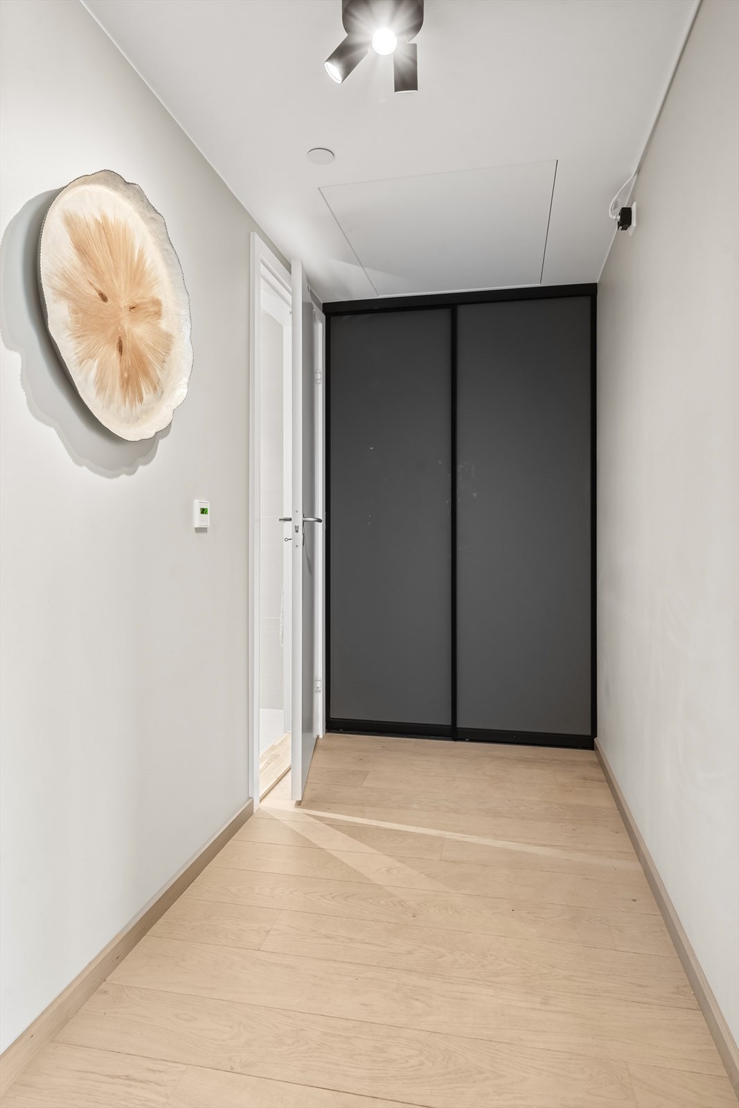 Mellomgang mot bad med praktisk skap med installert stikkontakt til bruk for eksempelvis kjøkkenutstyr Galleribilde