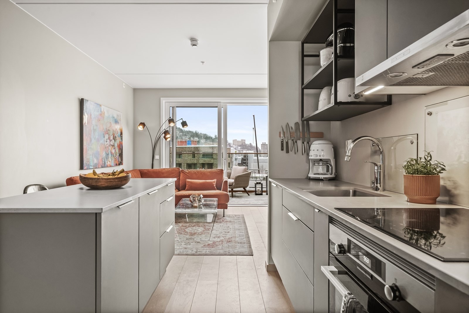 Flott kjøkkeninnredning fra HTH, fullt utstyrt med integrerte hvitevarer: kjøl/frys, oppvaskmaskin, stekeovn, induksjonstopp og ventilator med mekanisk avtrekk. Galleribilde