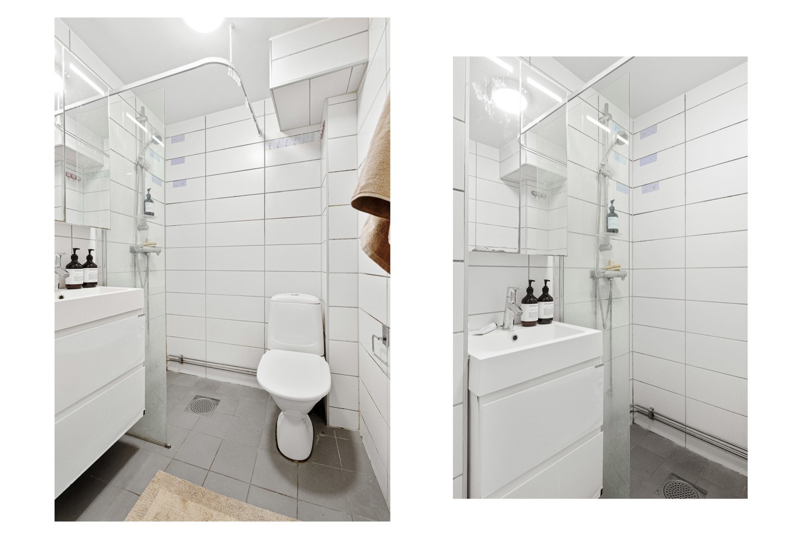 Grå 20x20cm fliser på gulv og hvite 20x50cm fliser på vegger. Malt overflate i himling. Utstyrt med mekanisk avtrekk, wc og dusjhjørne med glassskillevegg og ettgreps krummet dusjarmatur Galleribilde