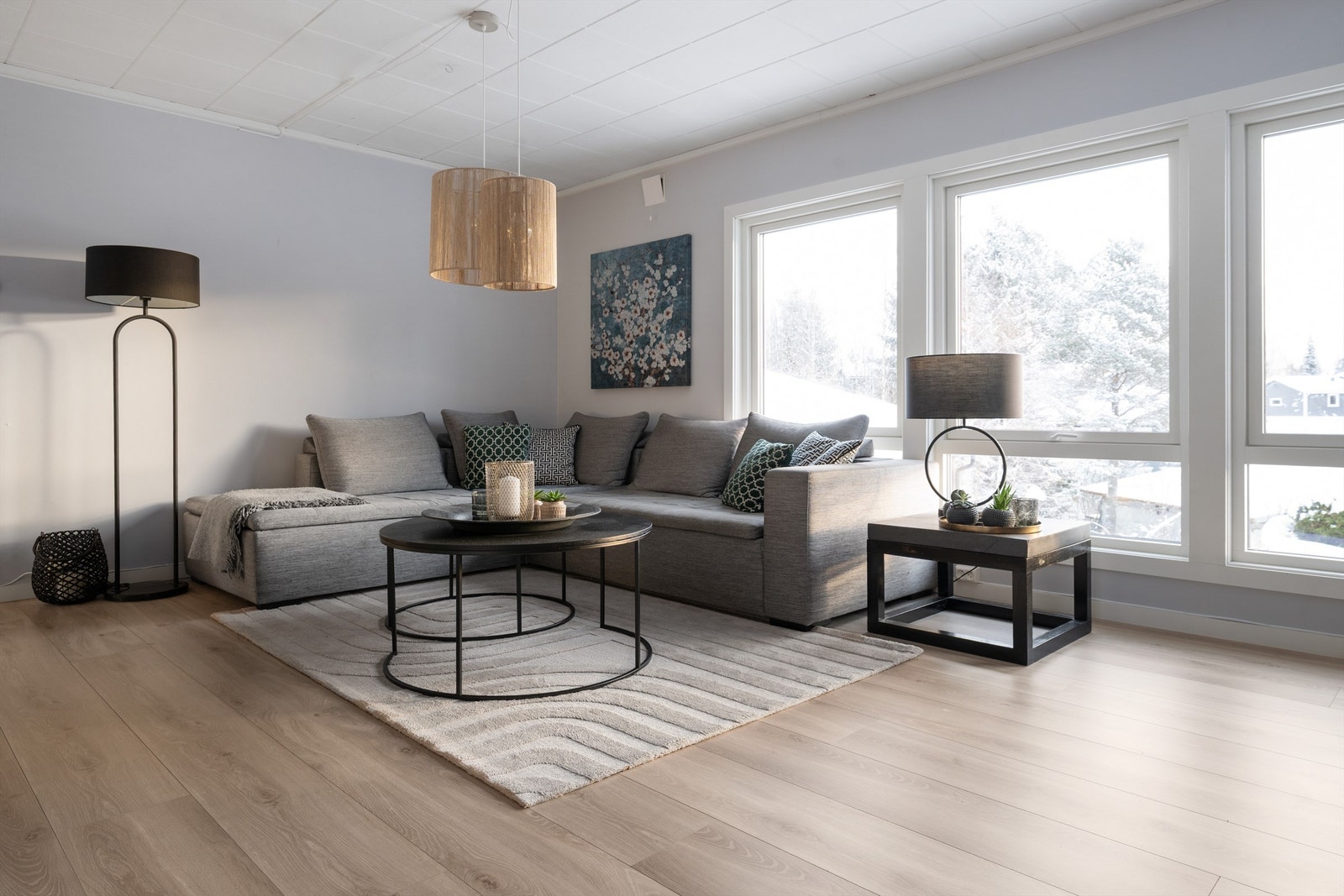 Pene overflater med gulvflater av laminat og store vinduer som gir mye lys Galleribilde