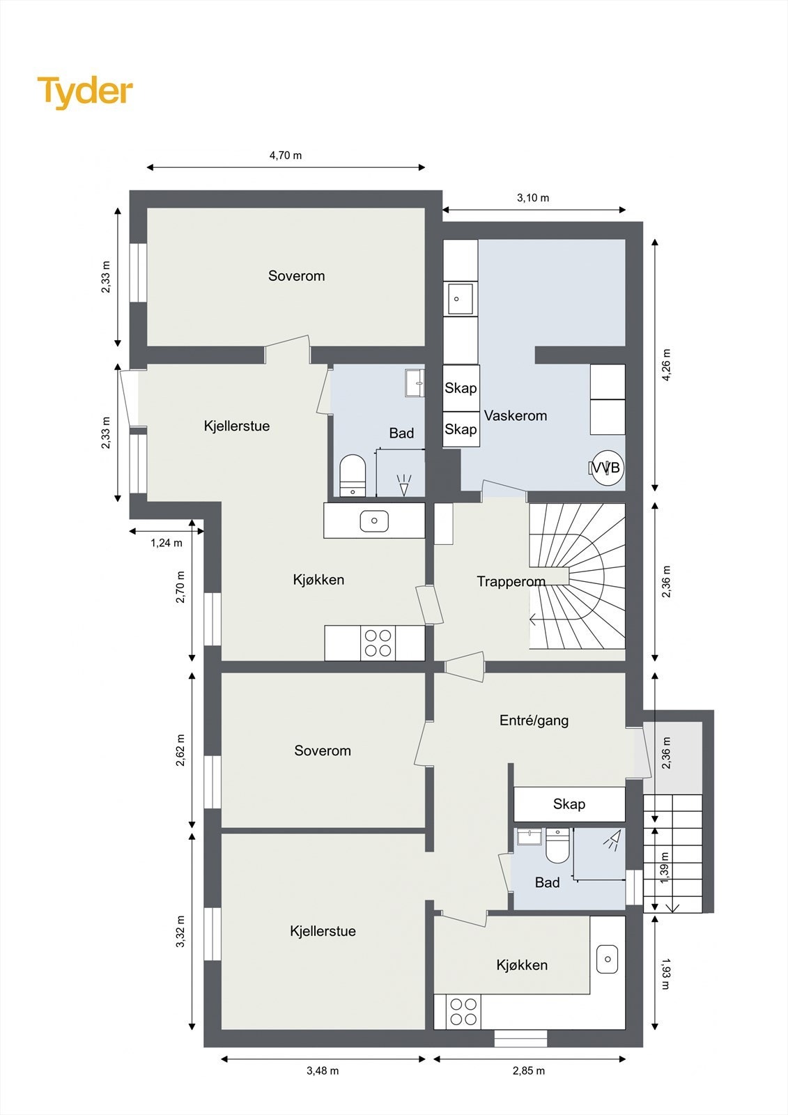 Plantegning underetasje - Rmslig og funksjonell underetasje som rommer to hybler, samt et praktisk vaskerom tilknyttet hoveddelen Galleribilde