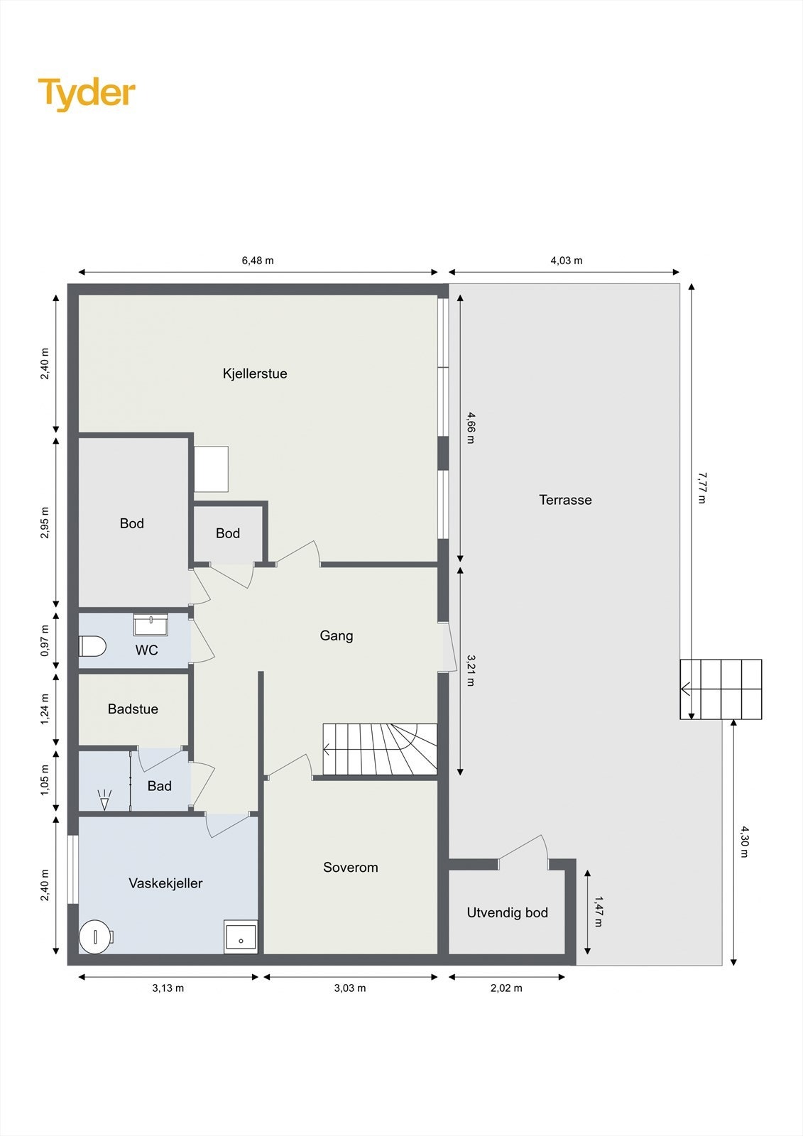 Underetasjen inneholder kjellerstue, soverom, bad, badstue, vaskerom, toalettrom og boder. Galleribilde
