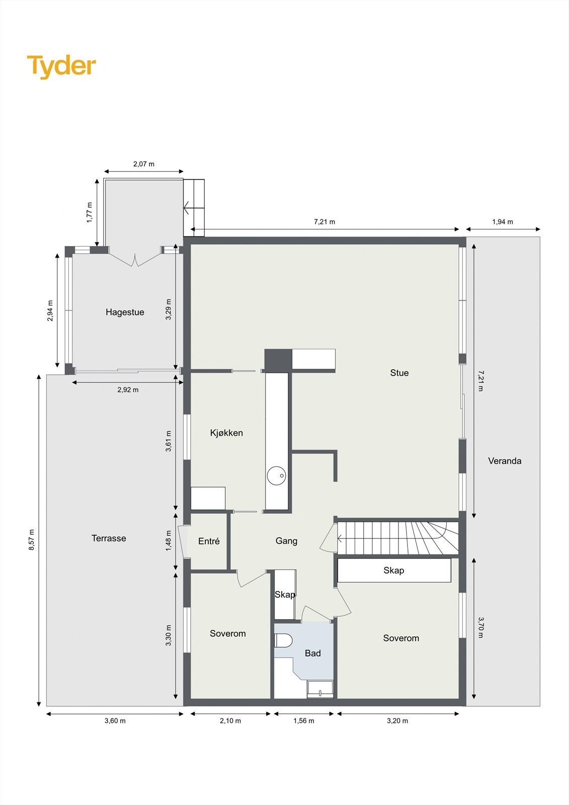 Hovedetasjen har en arealeffektiv planløsning med stue, kjøkken, to soverom og bad. Galleribilde