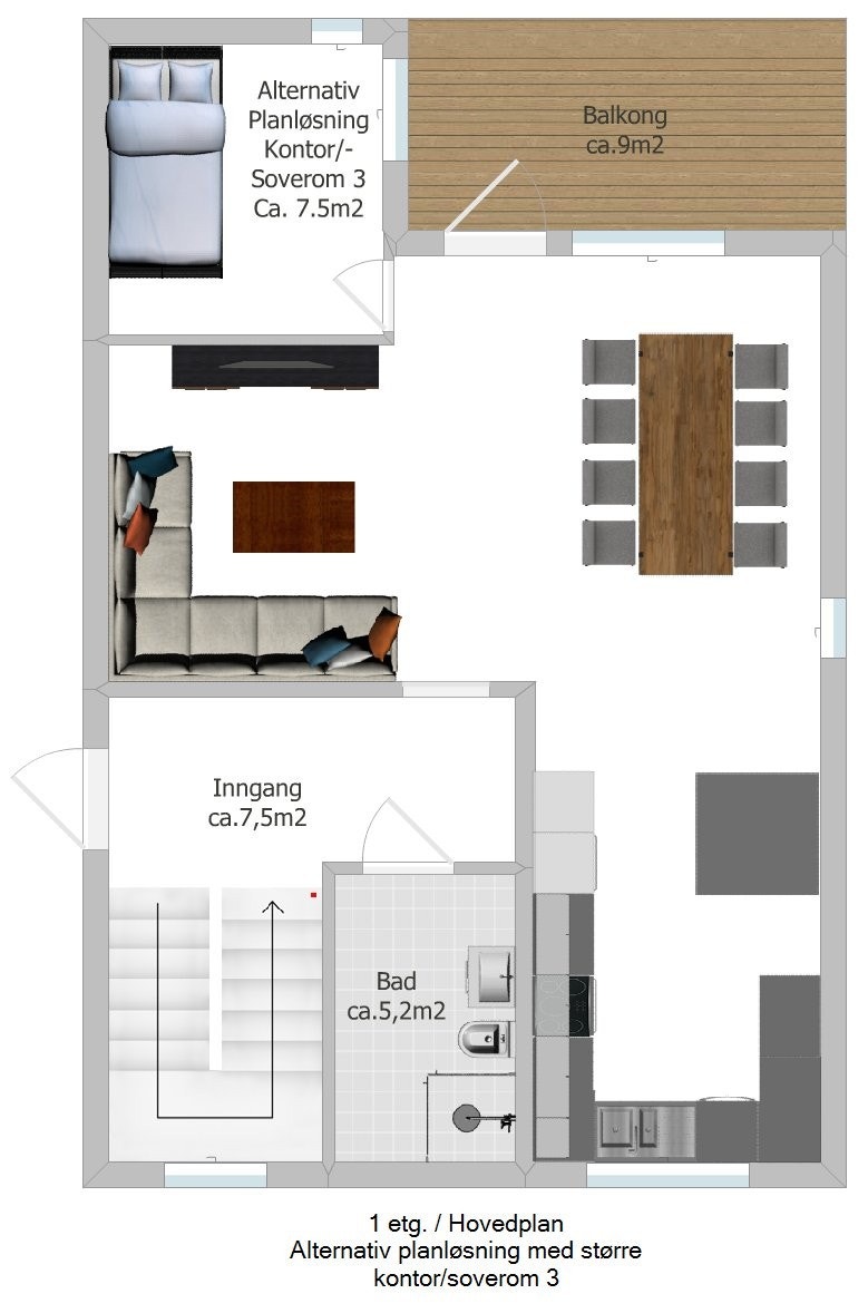 Alternativ planløsning med større kontor/soverom 3 - 1 etg. (Hovedplan). Galleribilde