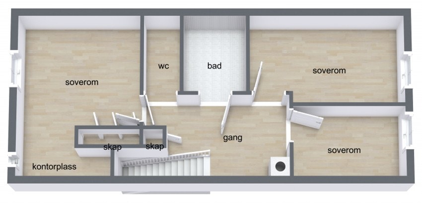 2.etg. byr på: bad, 3 soverom, gang og toalettrom. Galleribilde