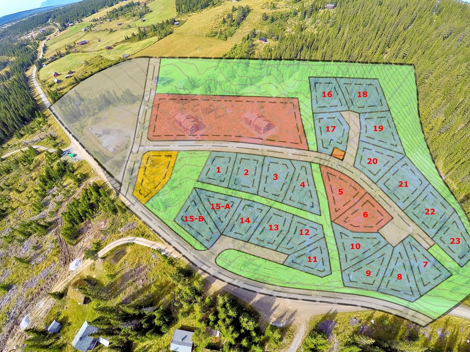 Tomtekart med ca. anvisning på hvordan de forskjellige tomtene ligger i terrenget. Galleribilde