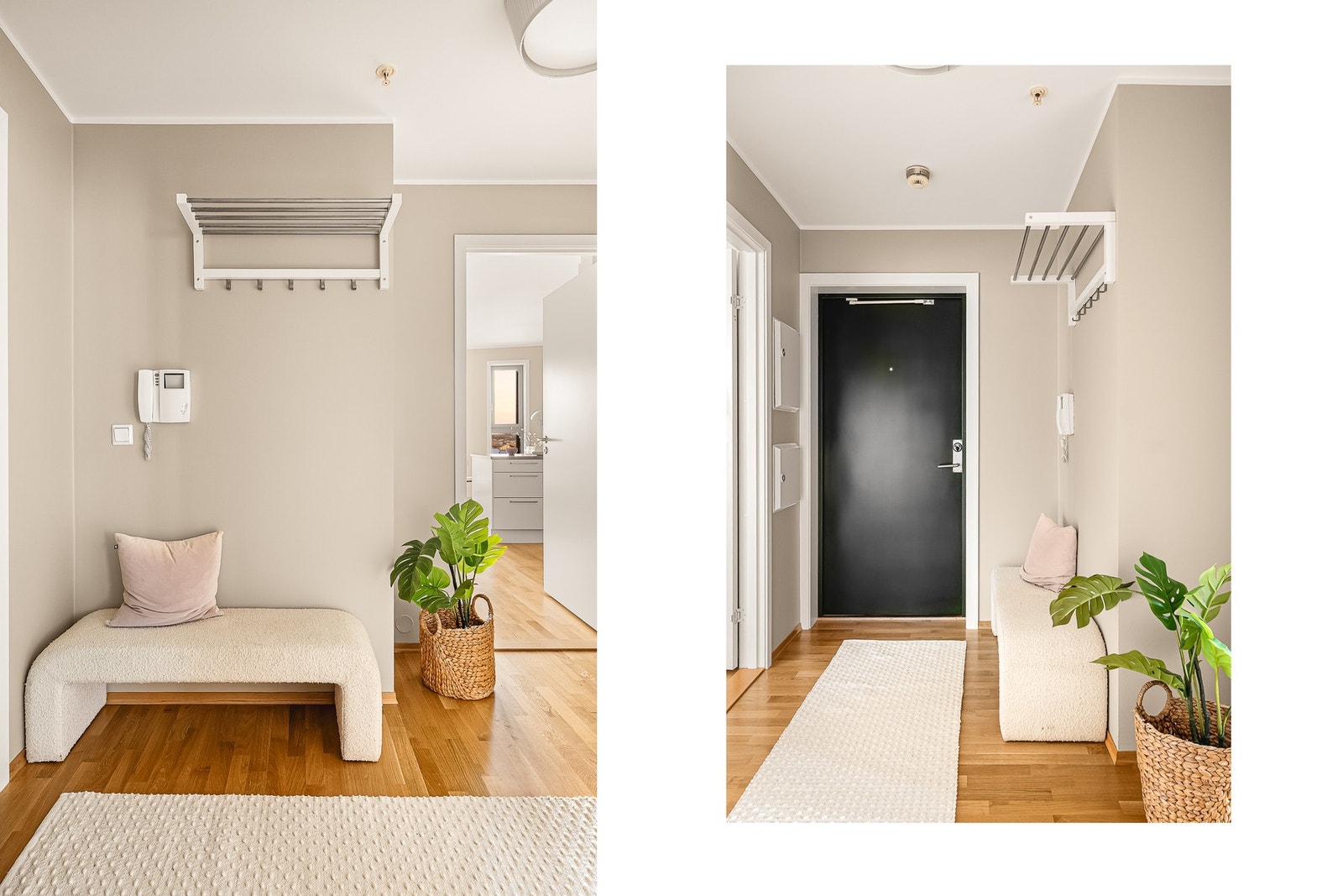 Lyst og pent inngangsparti med god plass til oppbevaring av sko og yttertøy Galleribilde