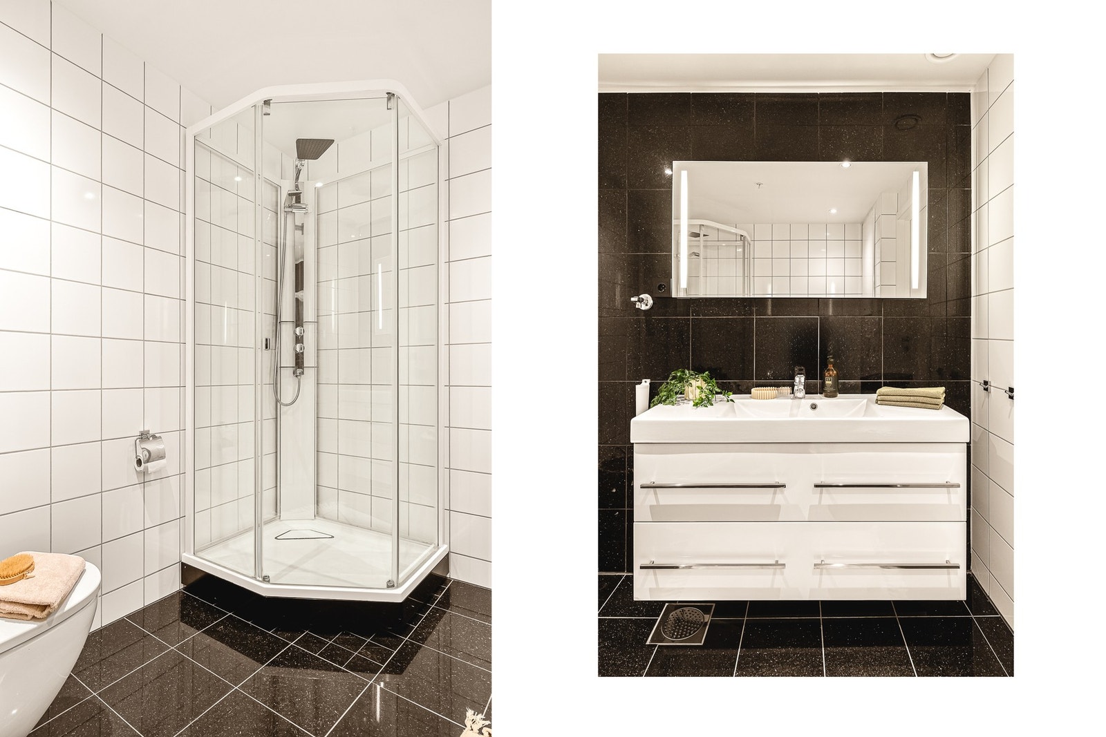 Badet inneholder innredning med servant, toalett, dusjkabinett, speil og belysning Galleribilde