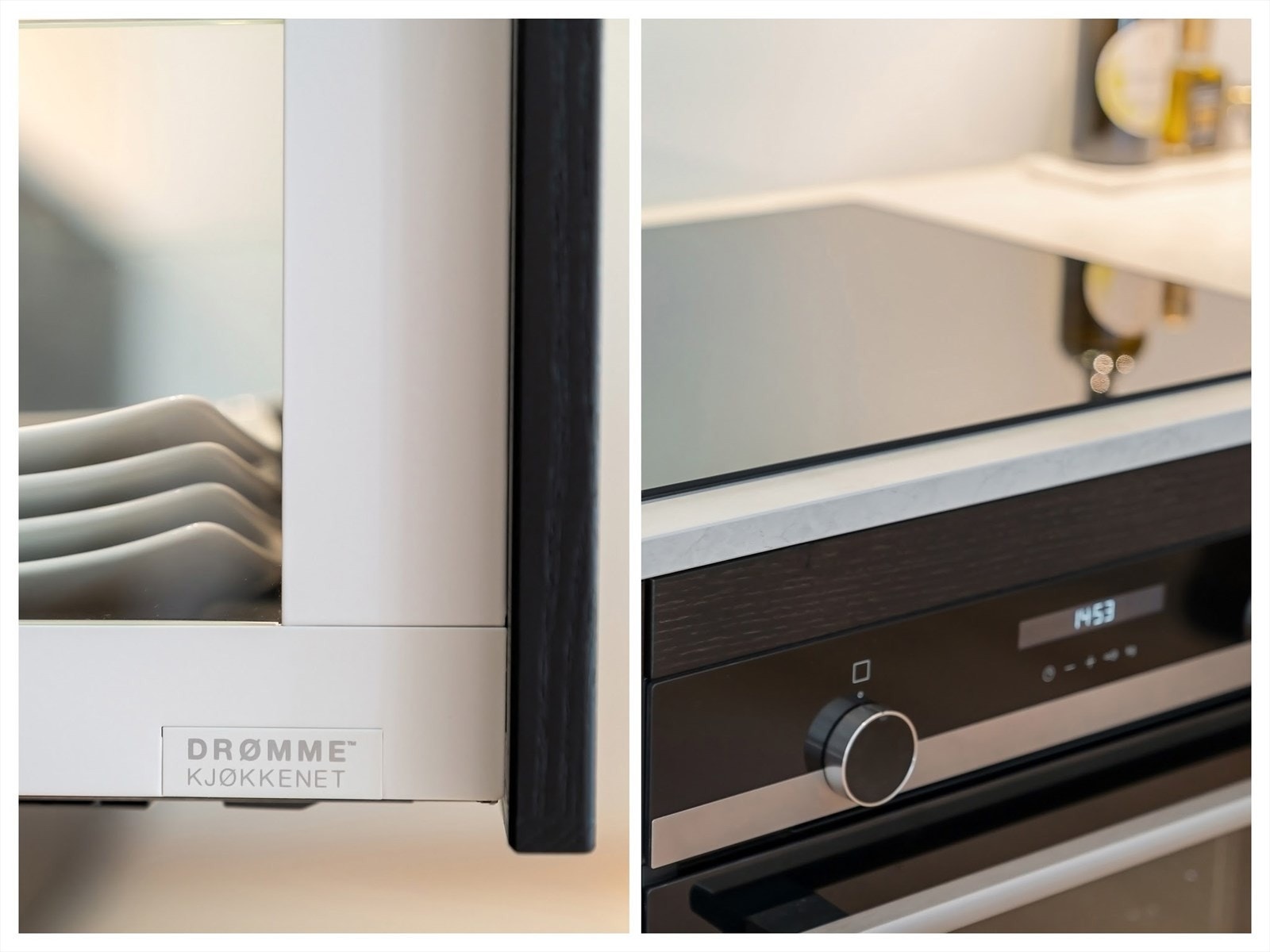 Stilrent uttrykk med integrert stekeovn og induksjonstopp fra Siemens, praktisk skuffeløsning og skjult kjøkkenventilator med avtrekk til felles anlegg. Galleribilde