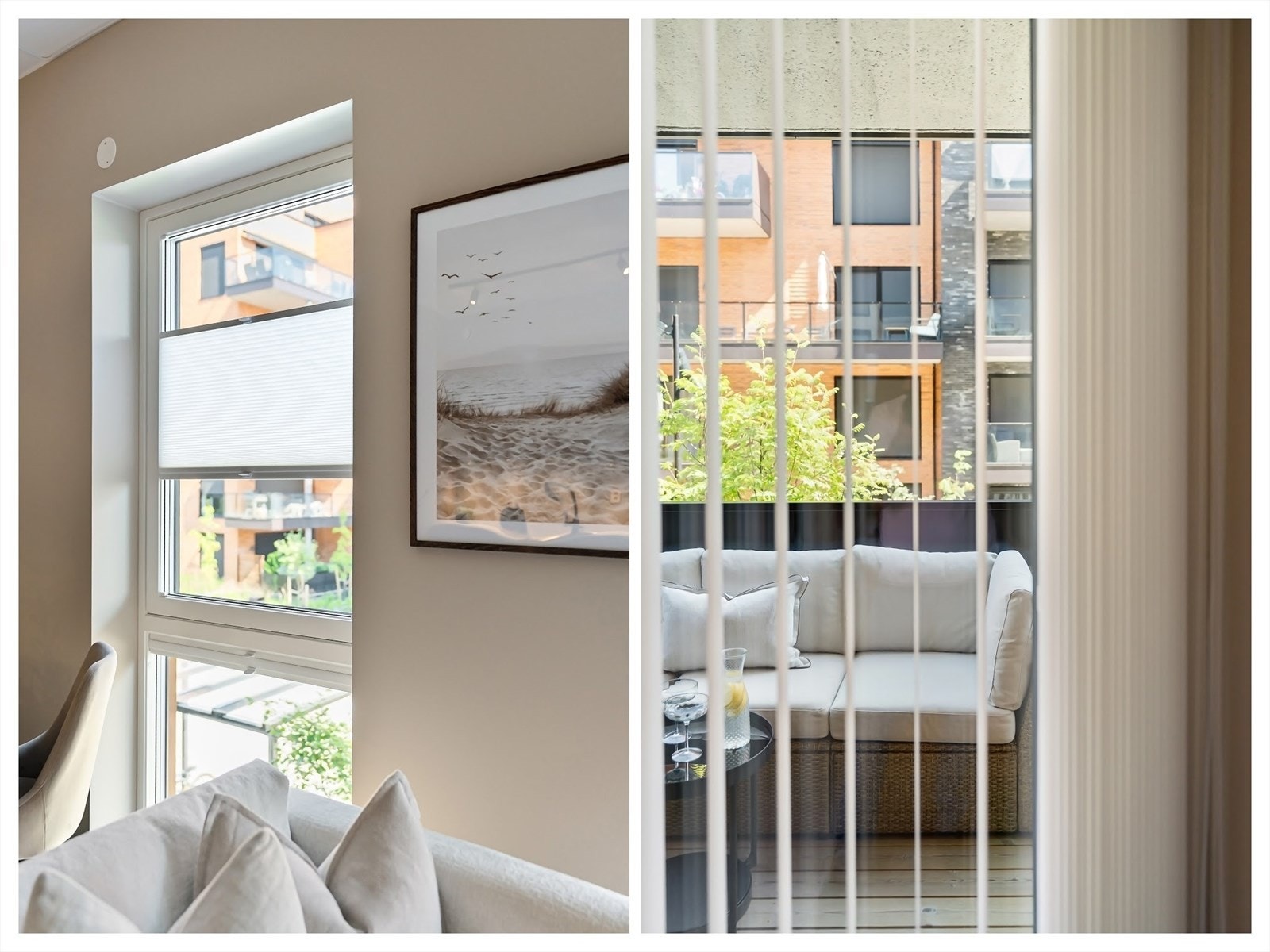 Stilrene plisségardiner og lameller i stue og soverom gir både lyskontroll og en gjennomført finish - og medfølger leiligheten. Galleribilde