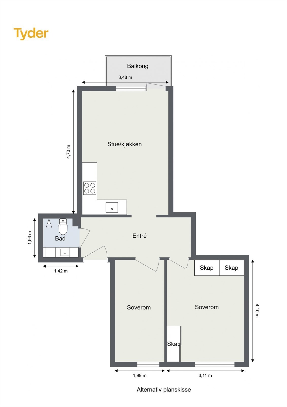 Alternativ planløsning.
Plantegningen er utarbeidet som en illustrasjon. Det er ikke vurdert om løsningen lar seg gjennomføre teknisk eller i henhold til gjeldene regelverk, og endringer kan derfor vise seg å ikke være mulige. Galleribilde
