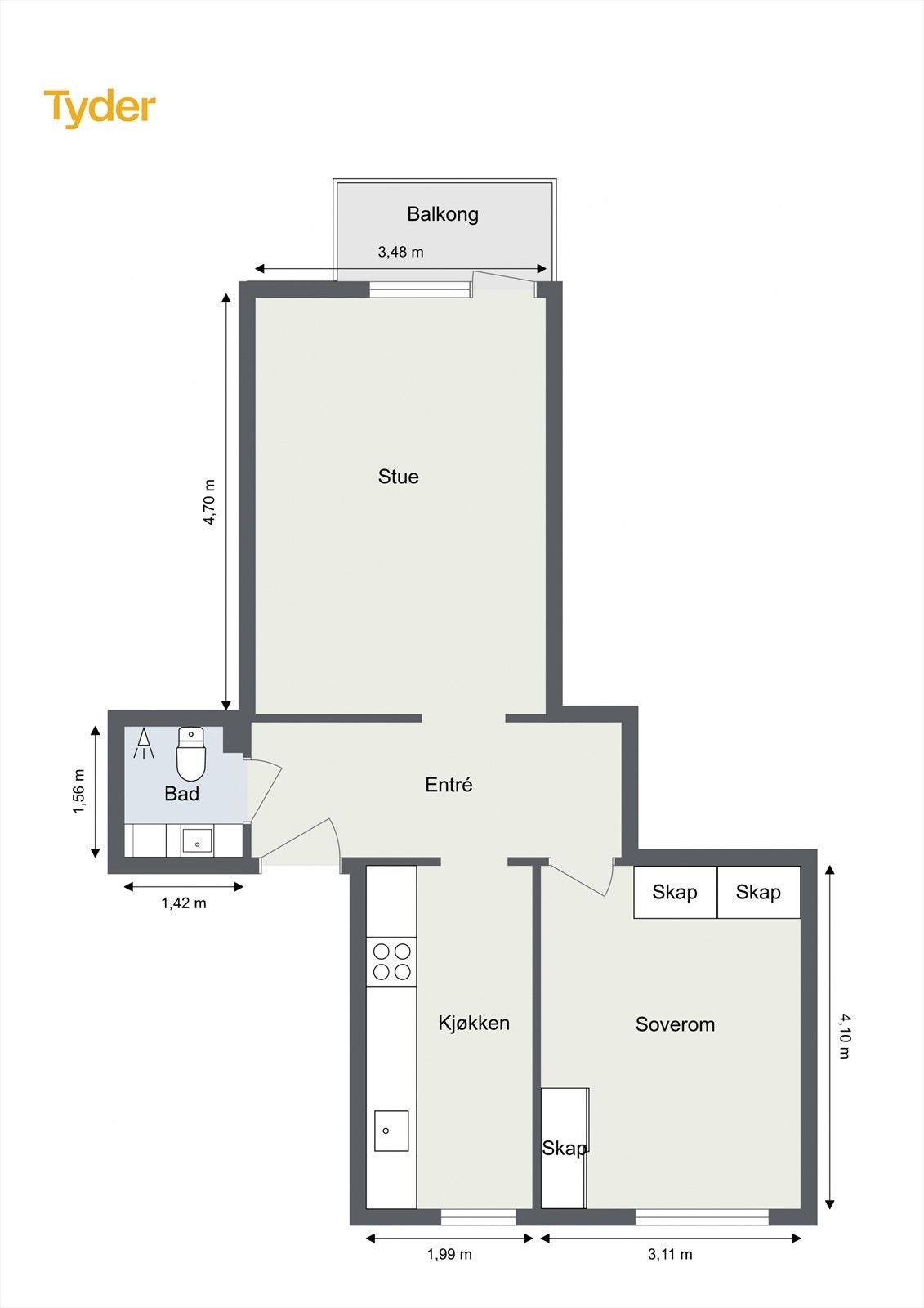 Oppmålt plantegning for leiligheten. Galleribilde