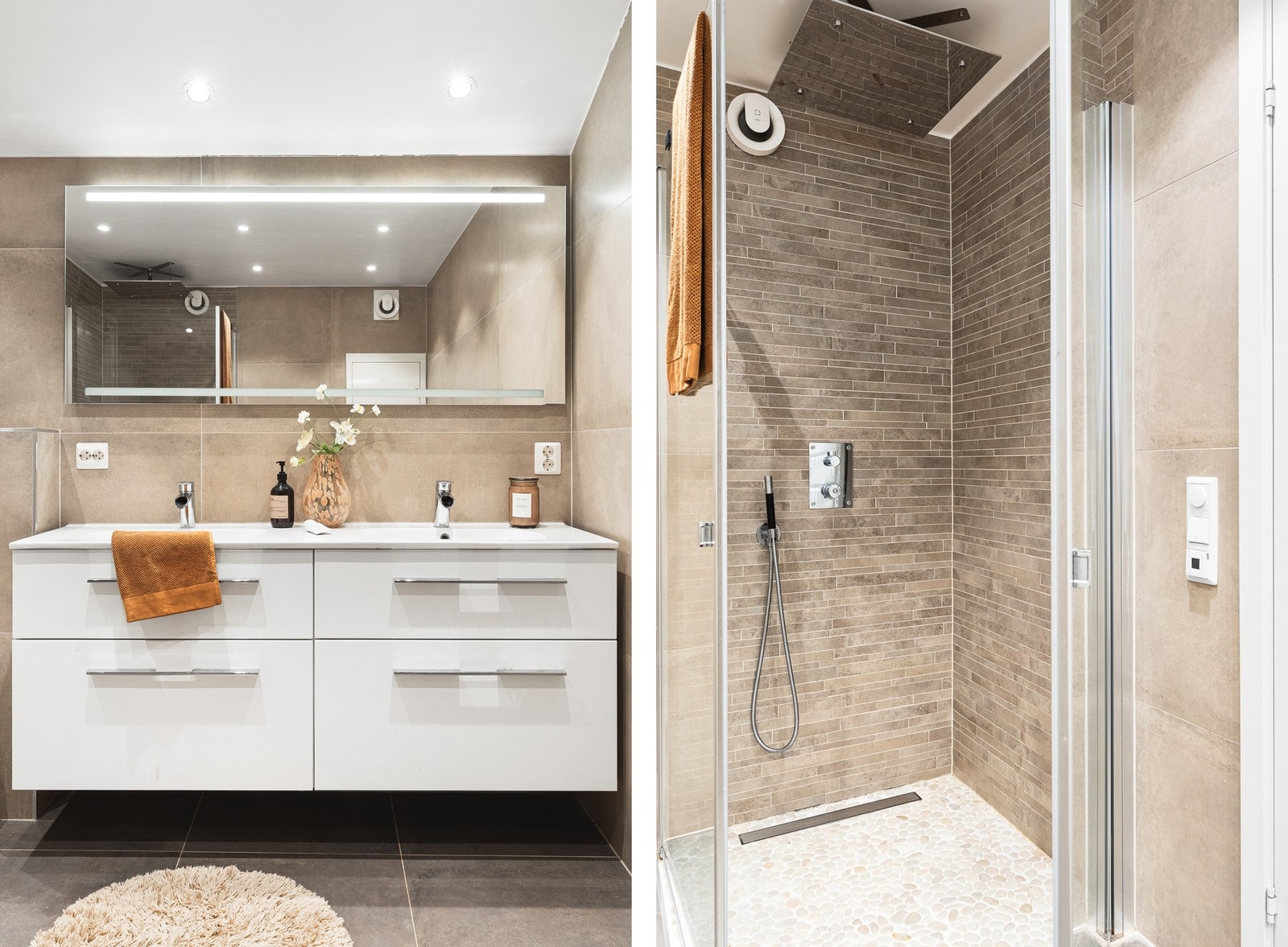 Badet er helfliset med innfelte downlights i tak og varmekabler i gulv. Galleribilde