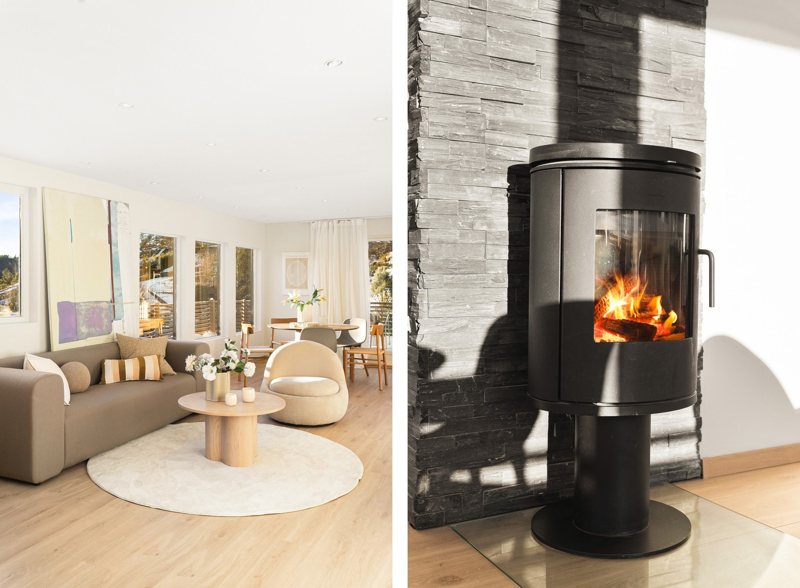 Rentbrennende vedovn sikrer god varme til rommet. Galleribilde