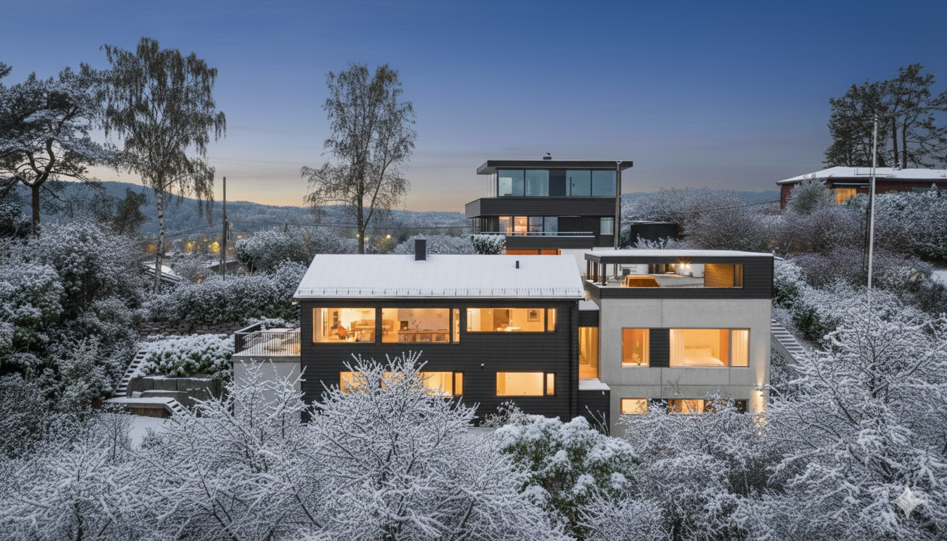 Velkommen til Liomveien 7 - Arkitekttegnet hjem hvor panoramautsikt, lys og luft er en del av hverdagen -Totalrenovert/påbygget 2023 - Hybel (AI redigert bilde) Galleribilde