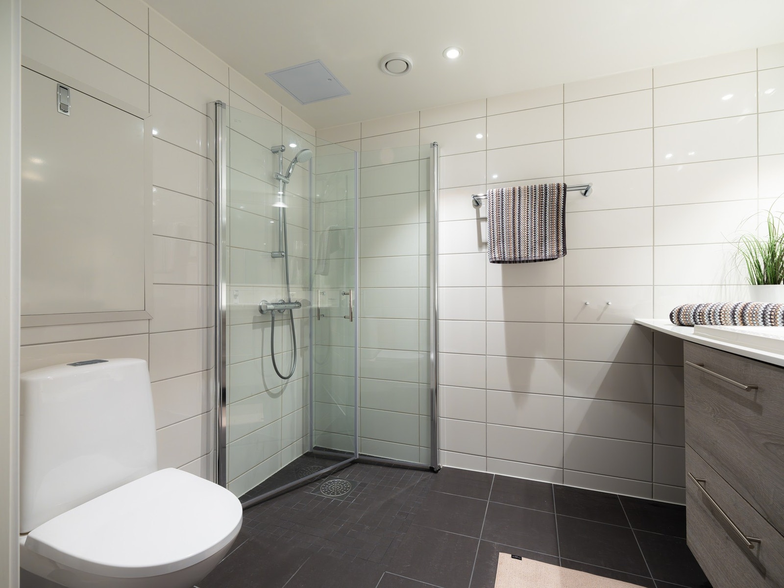 Videre er det dusjhjørne med svingbare glassdører som frigjør plass på gulvet. Galleribilde