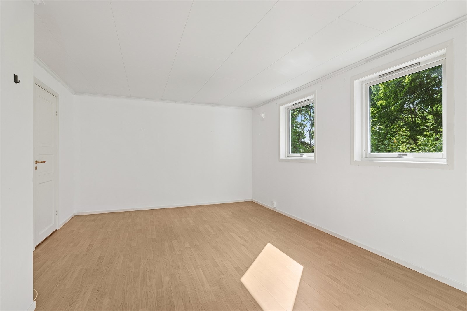 Romslig og lys stue i underetasjen. Døren til venstre fører til et disponibelt rom Galleribilde