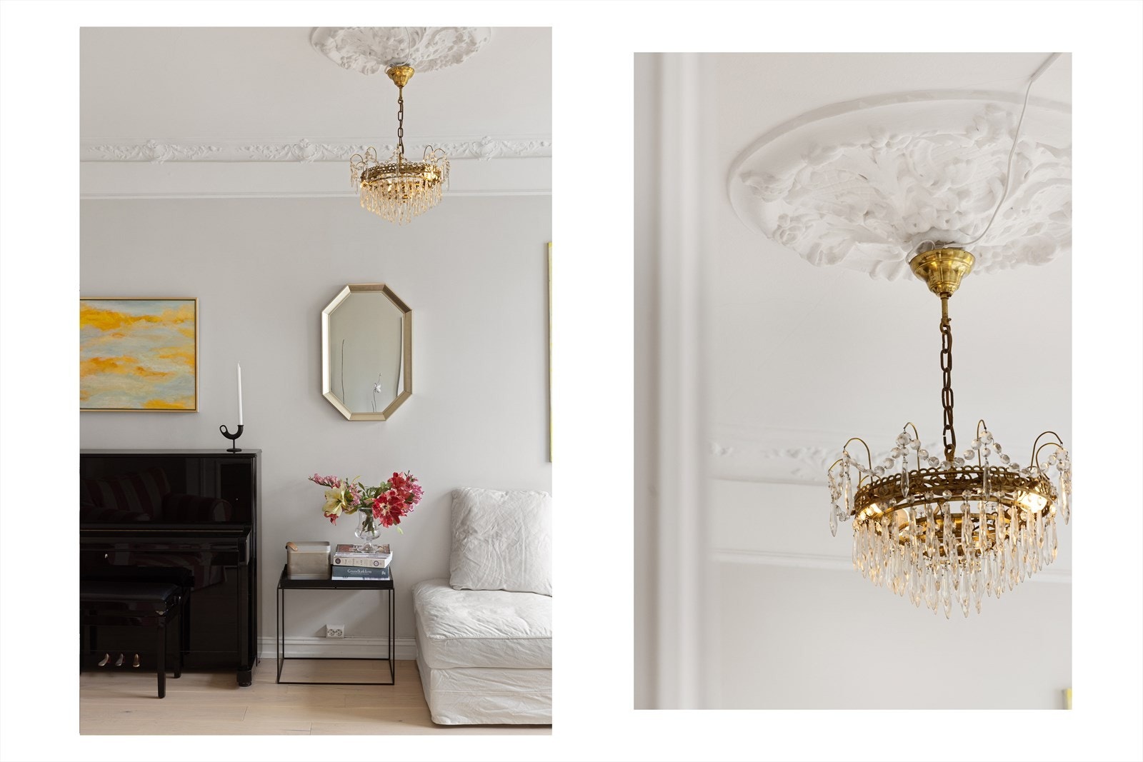 Klassiske detaljer som stukkatur, rosett og brede lister en gjennomgående i leiligheten. Takhøyde på 287 cm. Galleribilde