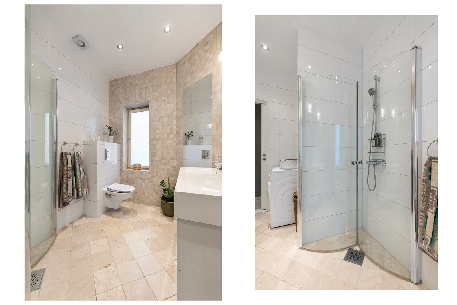 Badet har flislagte overflater, behagelig gulvvarme og downlights i himling. Det er opplegg for vaskemaskin i vaskesøyle. Galleribilde