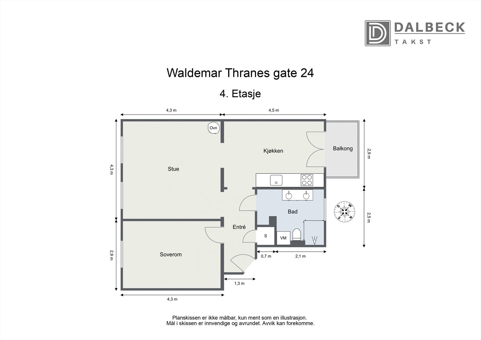 Plantegning. Leiligheten er 61 kvm BRA-i og disponerer i tillegg en lofts- og en kjellerbod på henholdsvis 2 og 4 kvm. Galleribilde