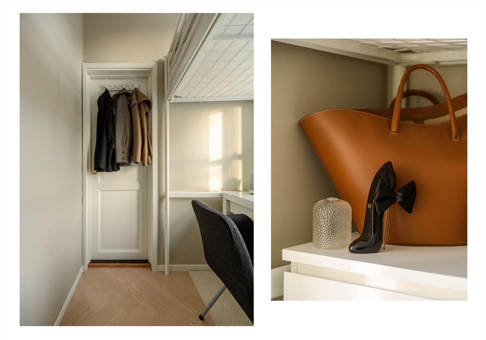 Klesoppheng bak døren gir praktisk oppbevaring i det kompakte rommet. Galleribilde