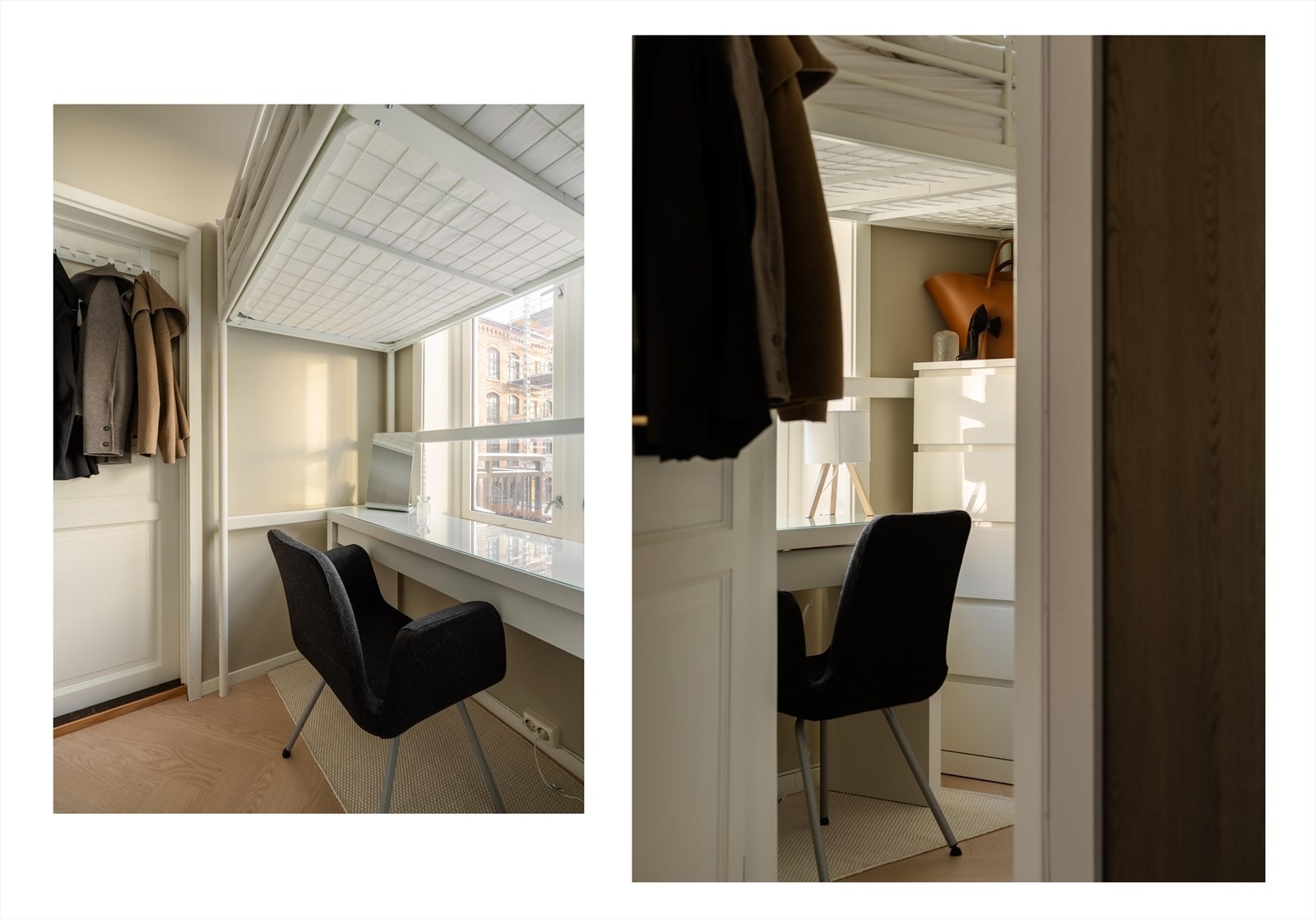 Skrivebordet er plassert ved vinduet, og gir naturlig lys til arbeidsområdet. Galleribilde