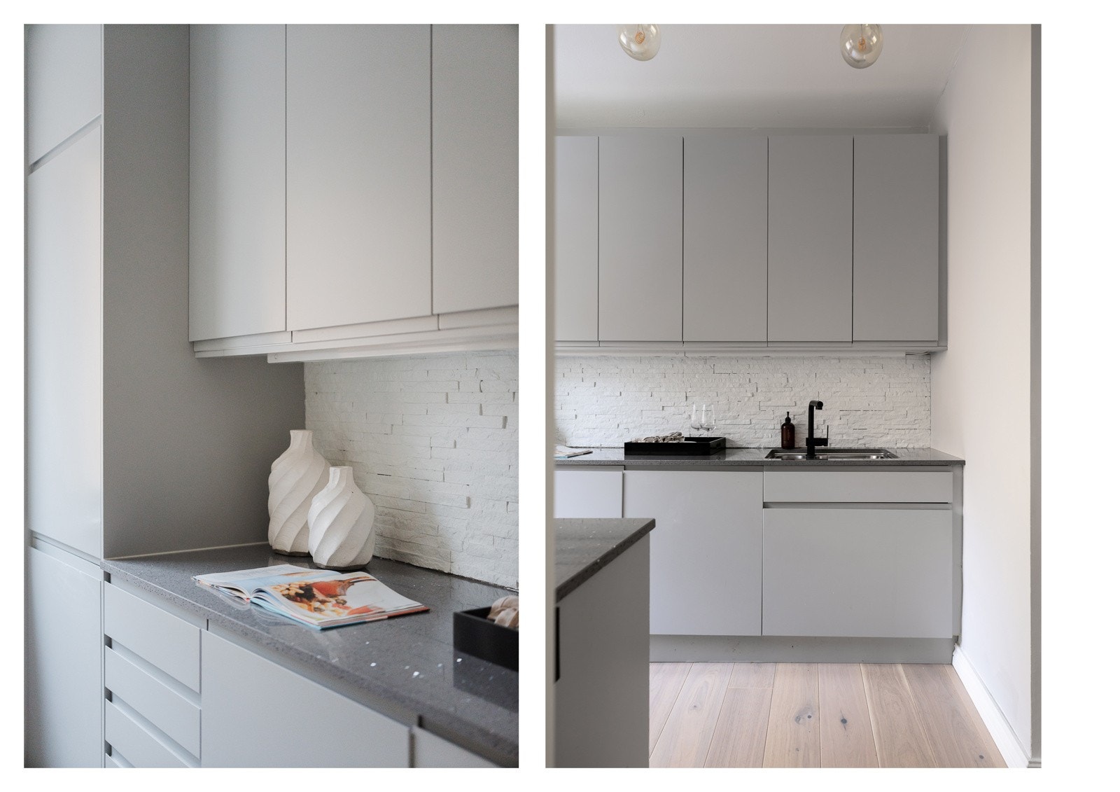 Løsningen består av glatte, lysegrå fronter med gripekant og benkeplate i grå stein med underlimt vaskekum og sort kran. Over benkeplaten er det montert belysning og lagt hvitmalte natursteinsfliser som backsplash. Galleribilde