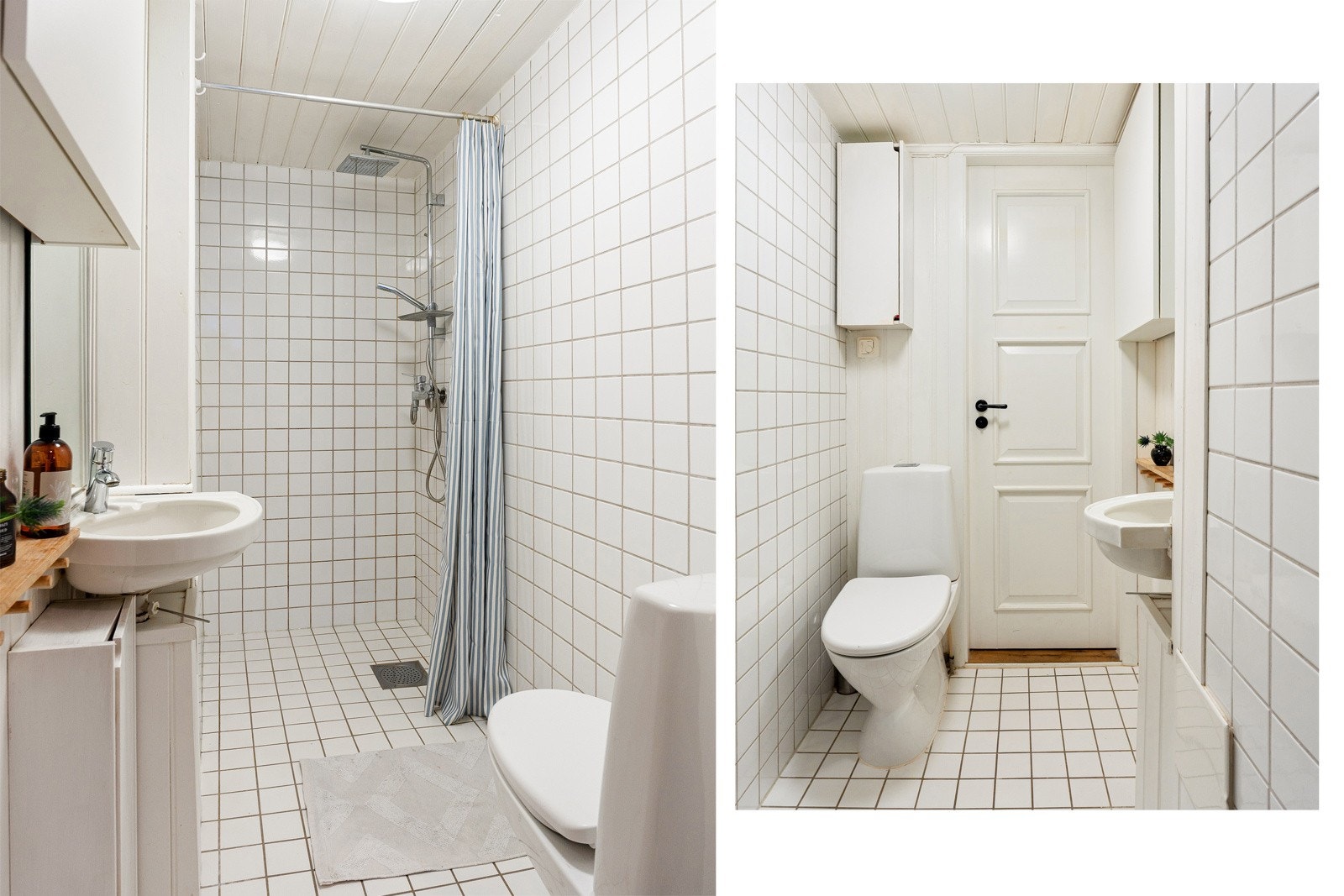 Tidløst baderom med varmekabler. Badet inneholder servant med speil, toalett og dusj. Elektrisk vifte. Galleribilde