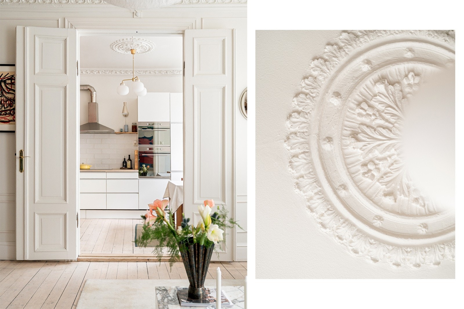 Klassiske doble fløydører skaper en elegant forbindelse mellom kjøkkenet og stuen. Galleribilde