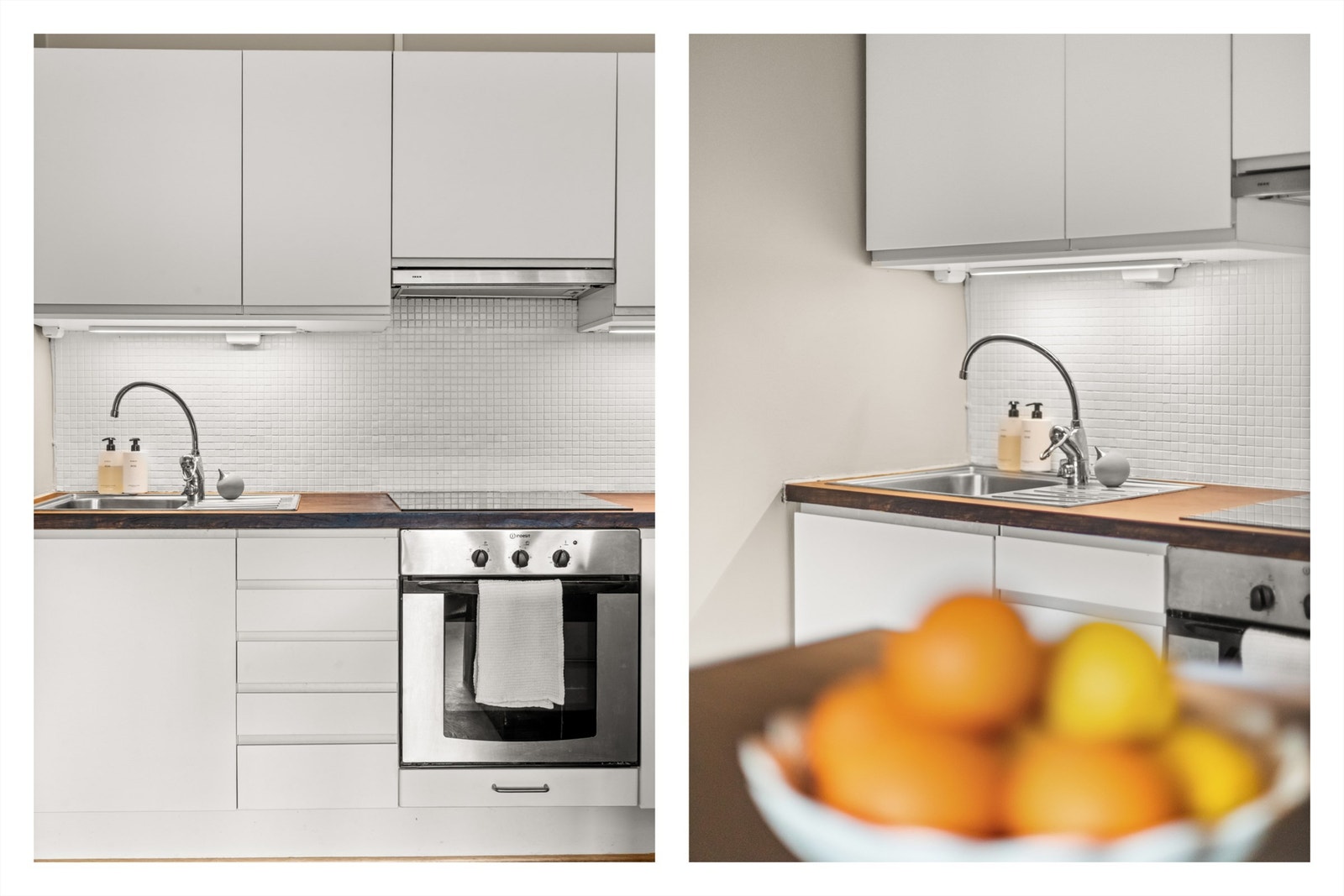 Kjøkkenet har rikelig med oppbevaringsplass i både skuffer og skap, i tillegg til en generøs benkeplass. Galleribilde