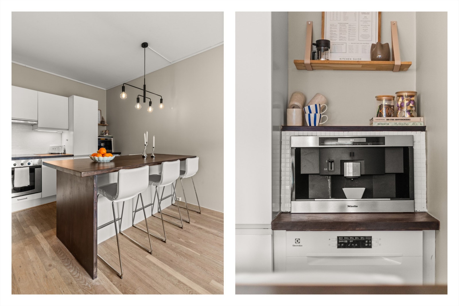 Kjøkkenet er utstyrt med flere funksjonelle hvitevarer, blant annet Miele kaffemaskinen. Galleribilde