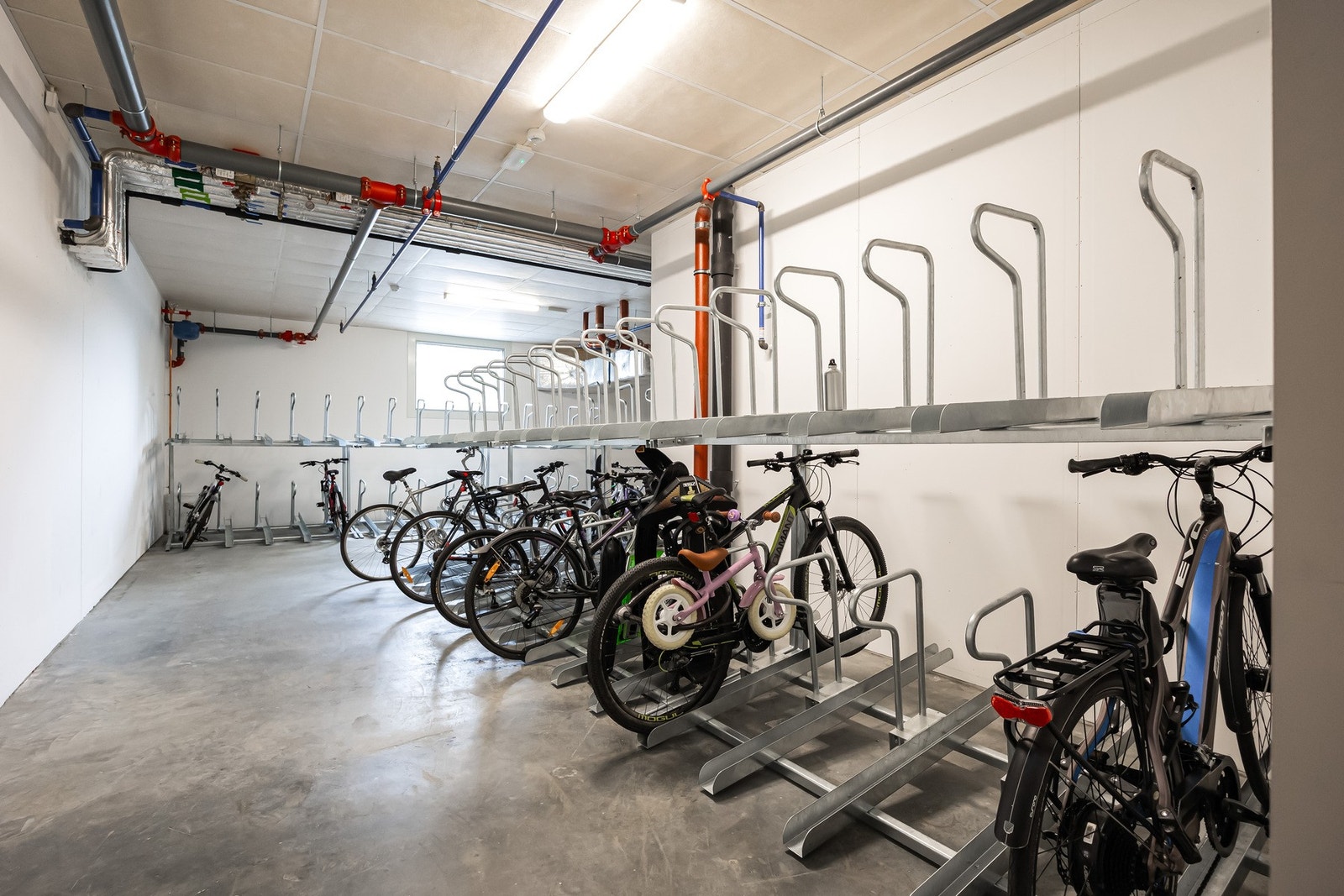 Felles sykkelparkering i kjeller. Galleribilde