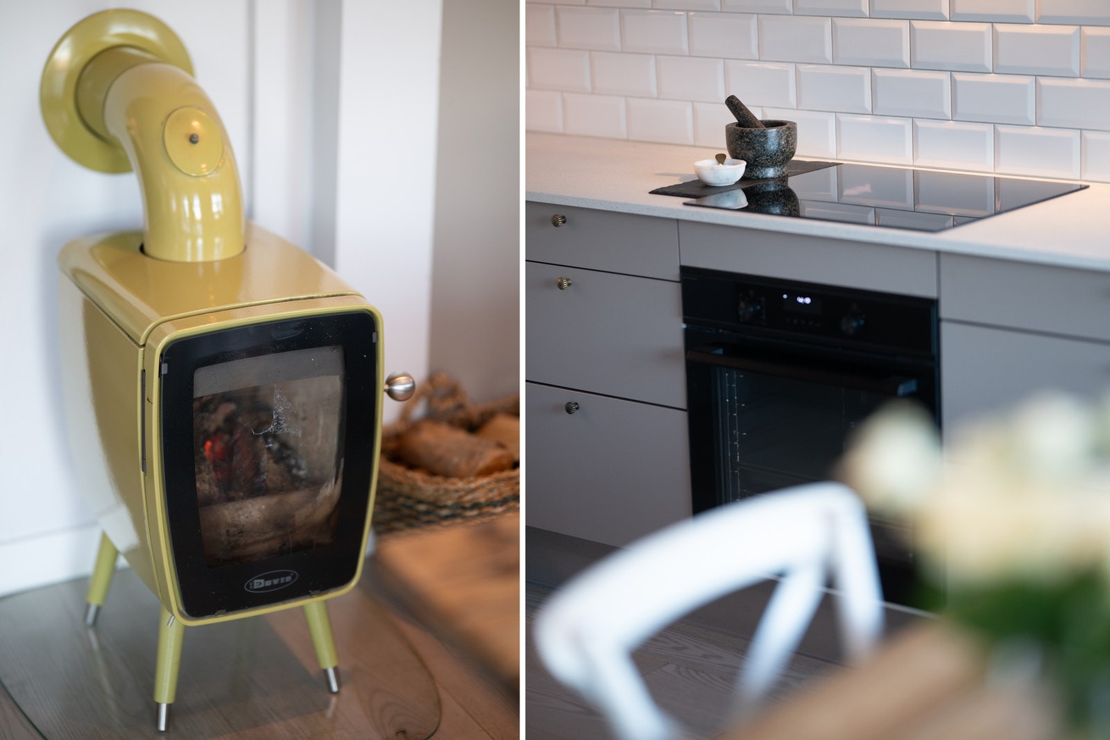 Detaljbilde fra kjøkken hvor det blant annet er satt inn nyere peisovn samt ny induksjonstopp i 2025 Galleribilde