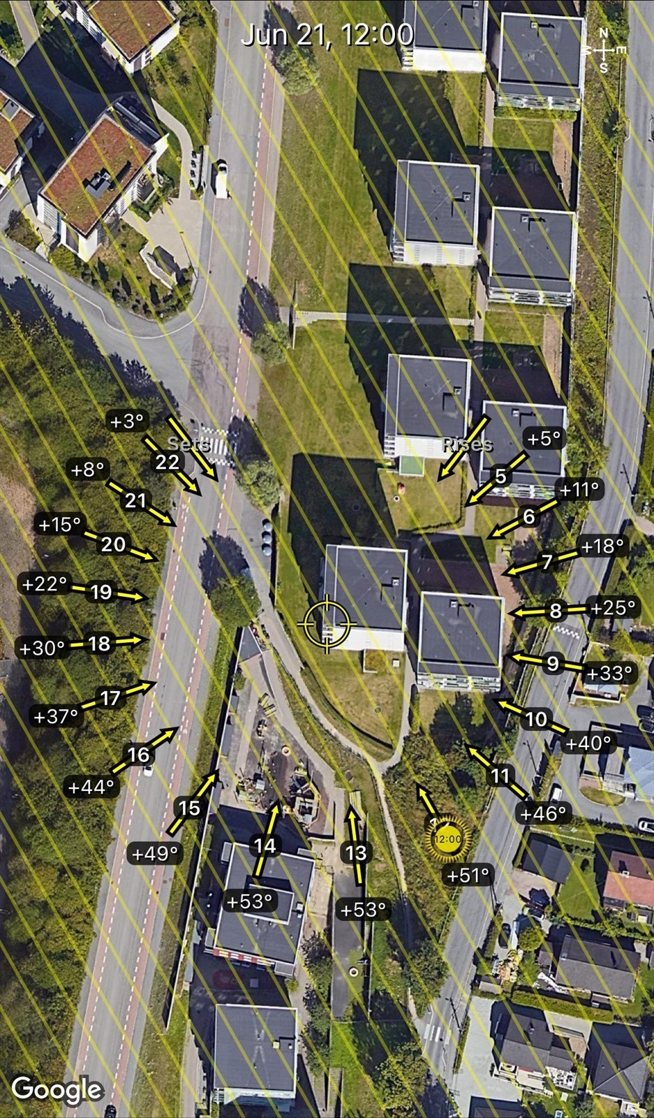 Soldiagram - Økern Torgvei 9 E - kun ment som en illustrasjon over solforholdene midtsommers (21. juni) Galleribilde
