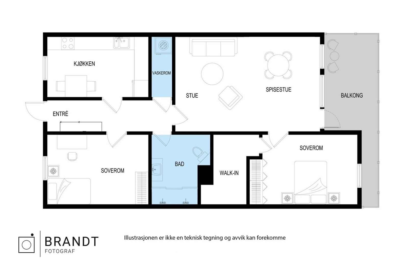 Leiligheten har en praktisk plantegning med entrè, to soverom, kjøkken, stue med utgang til balkong, vaskerom, bad og walk-in garderobe i tilknytning til hovedsoverom. Galleribilde